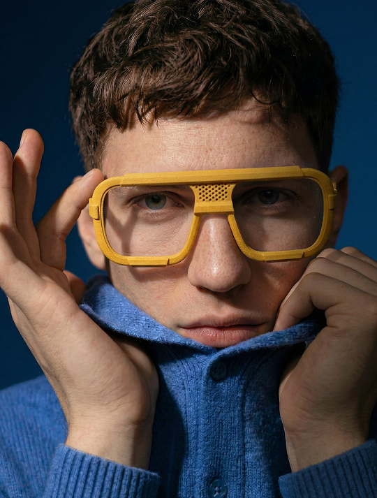 Close-up of Blynq Drae oversized navigator glasses in Dune worn by a model
