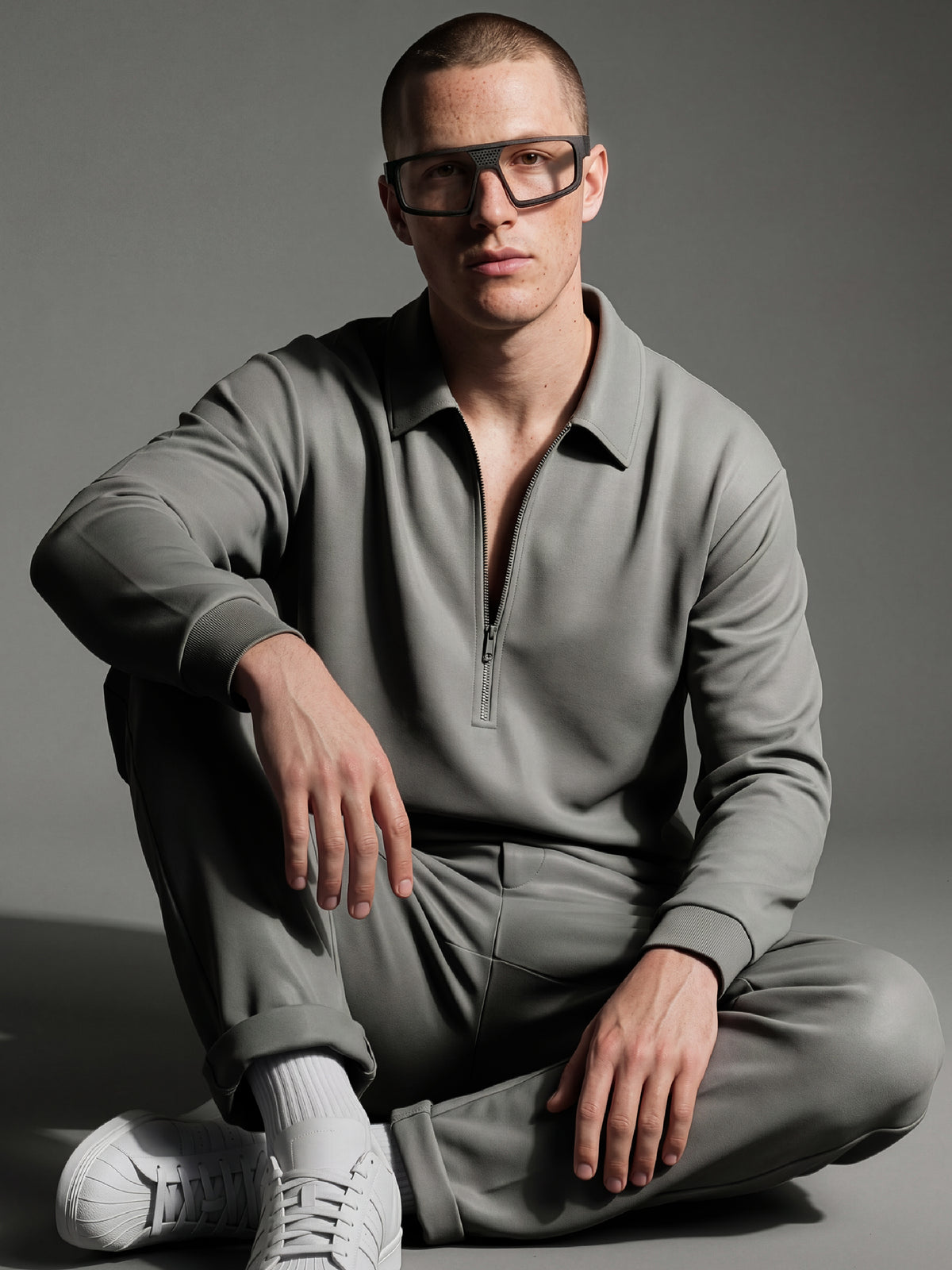 Seated model in a sage zip polo wearing Blynq Kyro rectangular glasses in Black