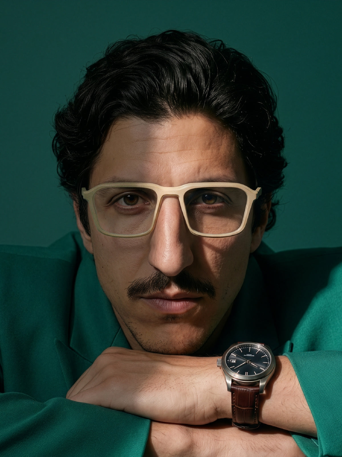 Close-up of Blynq Oryn glasses in Sandstone worn by a model, showing the matte 3D printed finish