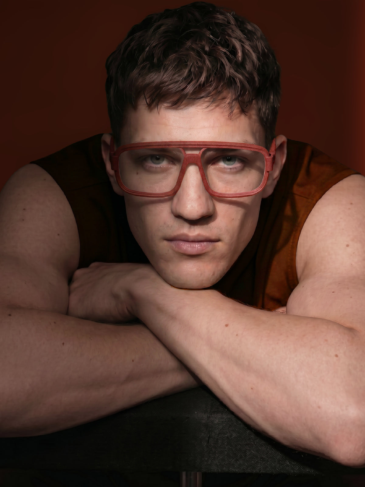 Close-up of Blynq Vort double-bridge navigator glasses in Cordovan worn by a model