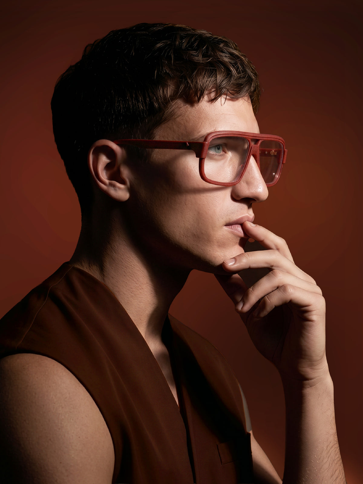 Side profile of Blynq Vort glasses in Cordovan showing the temple arm