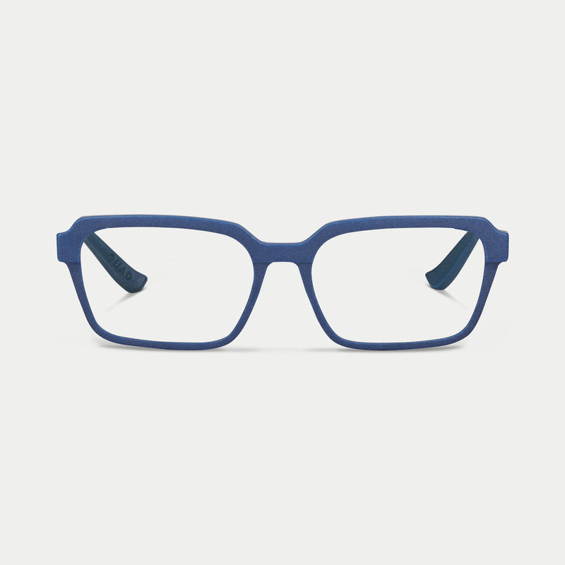 Blynq Quad square optical glasses in Indigo, 3D printed nylon frame with clear lenses