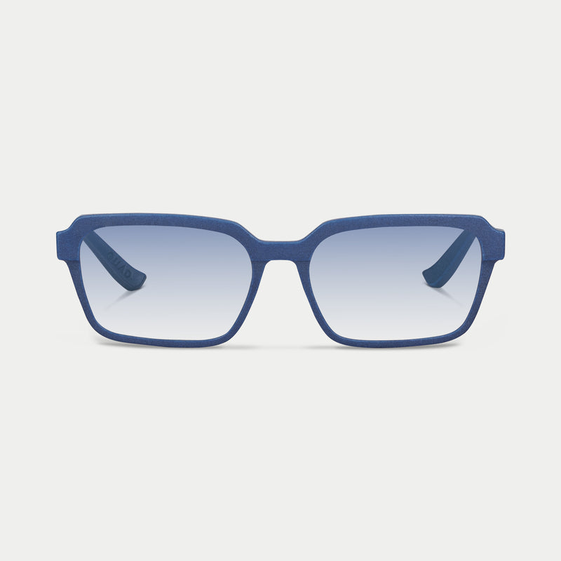 Blynq Quad square sunglasses in Indigo with Glacier Smoke Photochromic lenses, 3D printed nylon frame